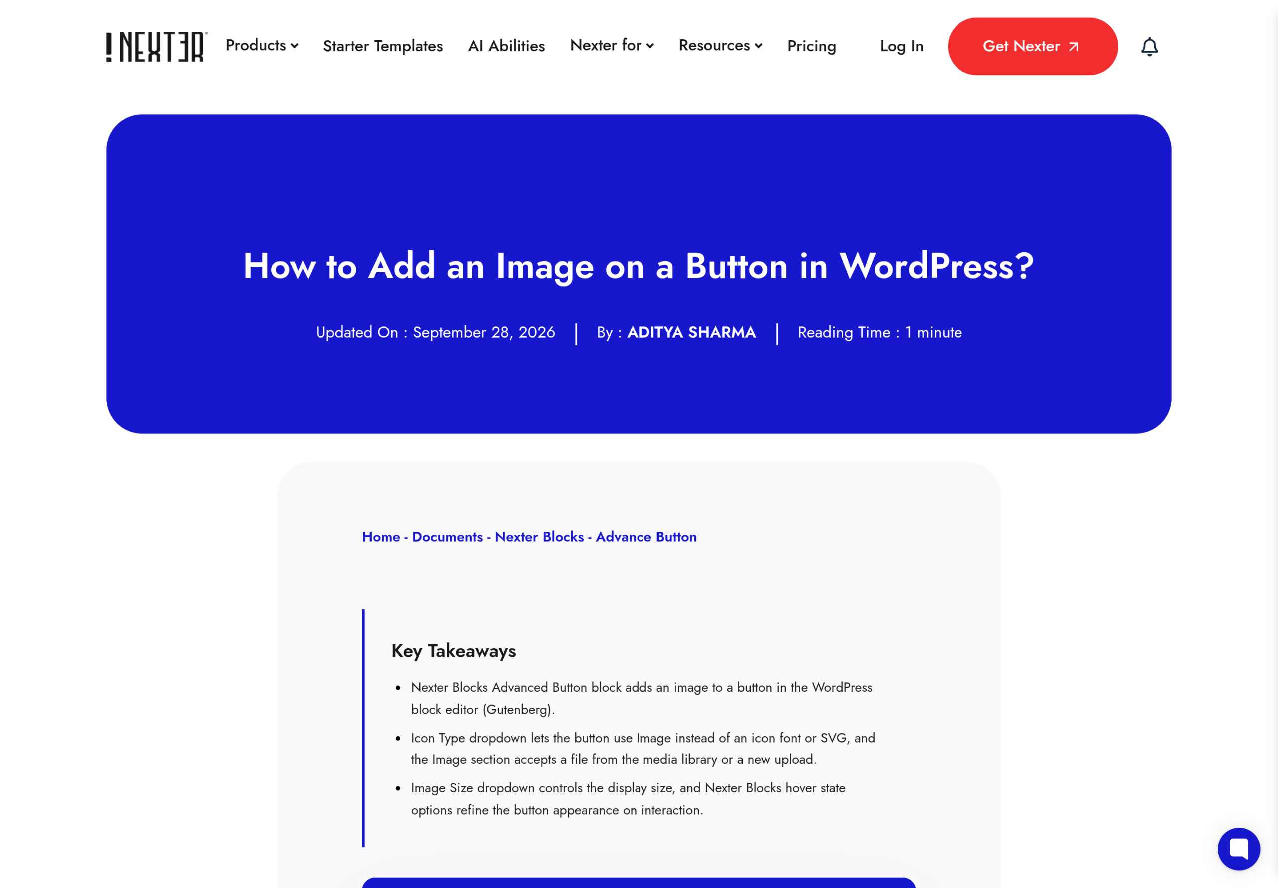 Nexter documentation page on adding an image to a button with the Advanced Button block