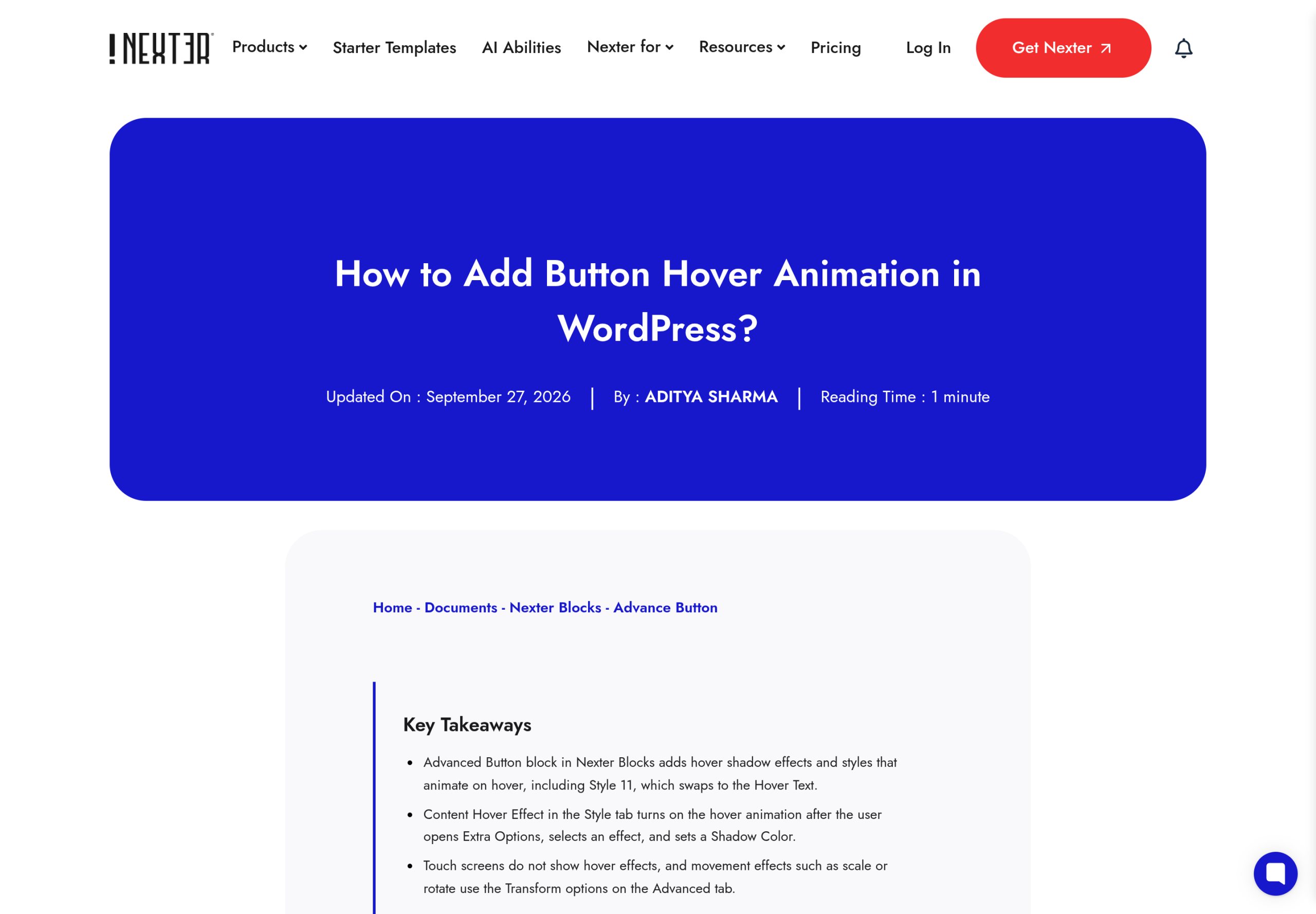 Nexter documentation page on button hover animation and hover shadow effects in the Advanced Button block