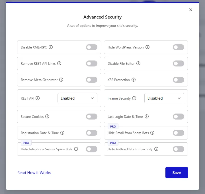 Nexter Extension Advanced Security options including Disable XML-RPC, Hide WordPress Version, Disable File Editor, REST API and iFrame Security
