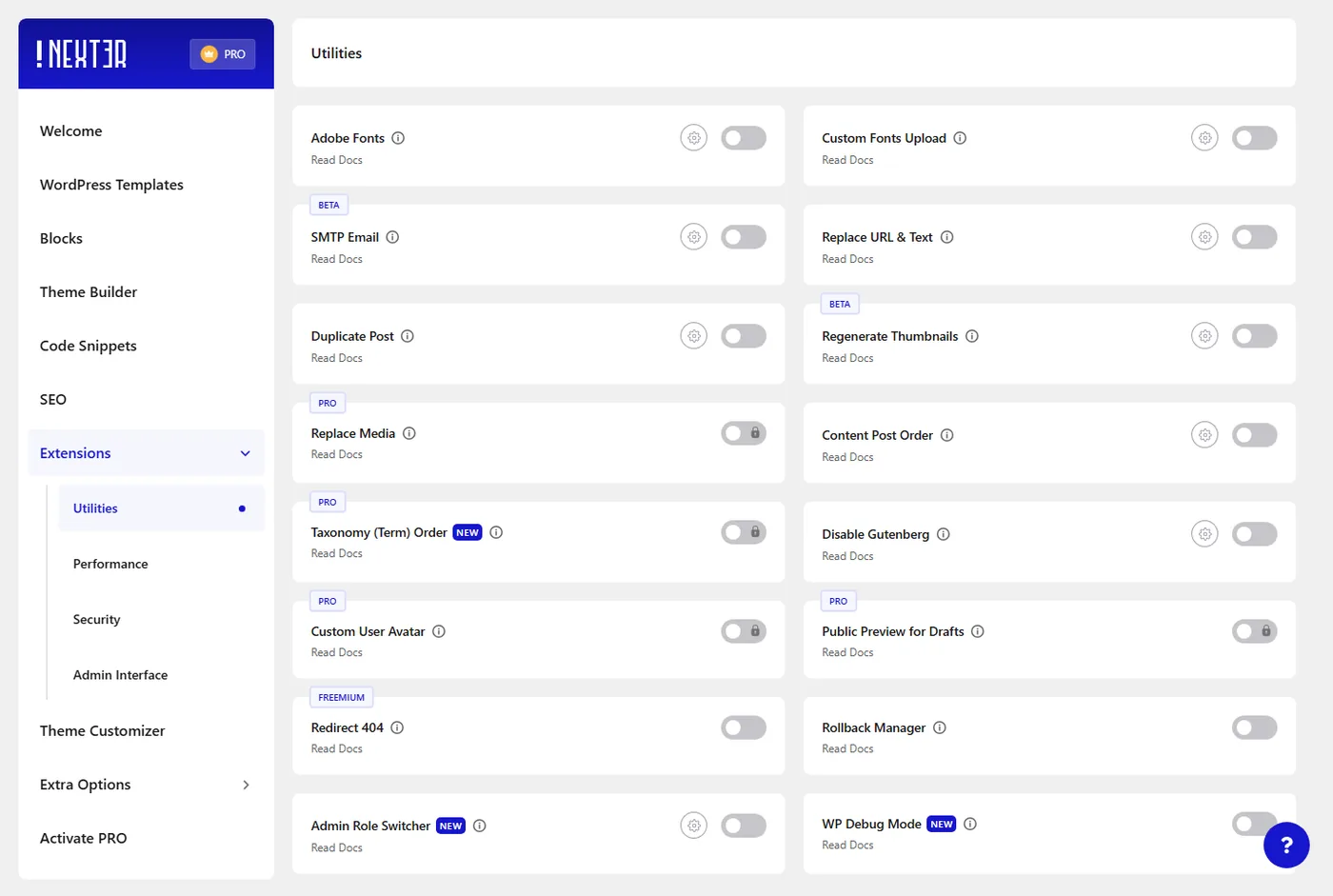 Nexter Extension Utilities screen with the Rollback Manager toggle