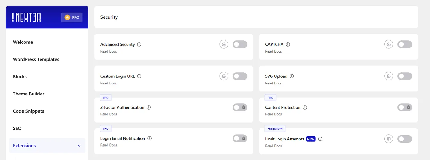 Nexter Extension Security screen listing Advanced Security, CAPTCHA, Custom Login URL, SVG Upload, 2-Factor Authentication, Content Protection, Login Email Notification and Limit Login Attempts