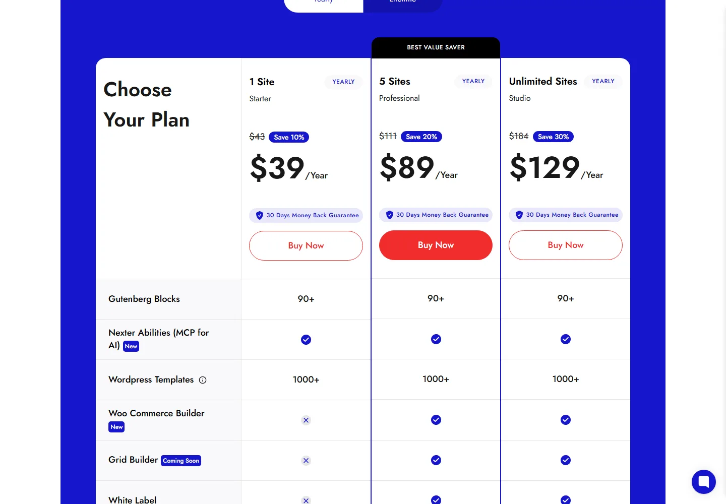 Nexter pricing page showing yearly plans for 1 site, 5 sites and unlimited sites