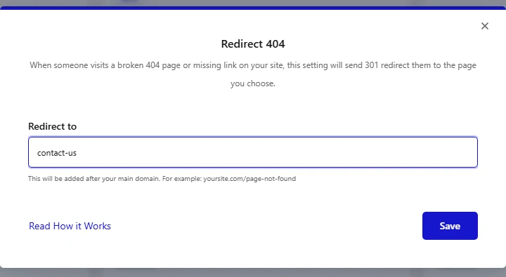 Redirect 404 popup with the Redirect to field set to contact-us