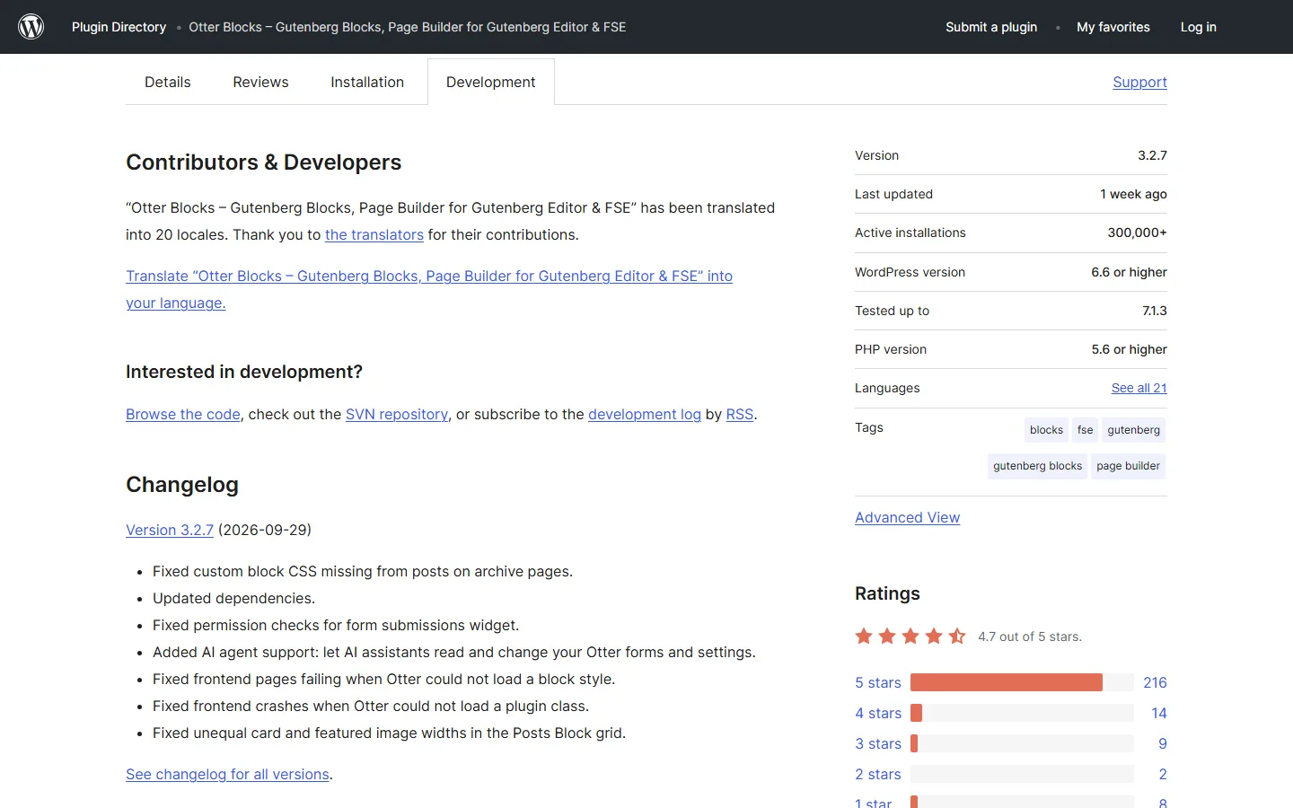 Otter Blocks changelog on WordPress.org for version 3.2.7 with 300,000+ active installations and a 4.7 rating