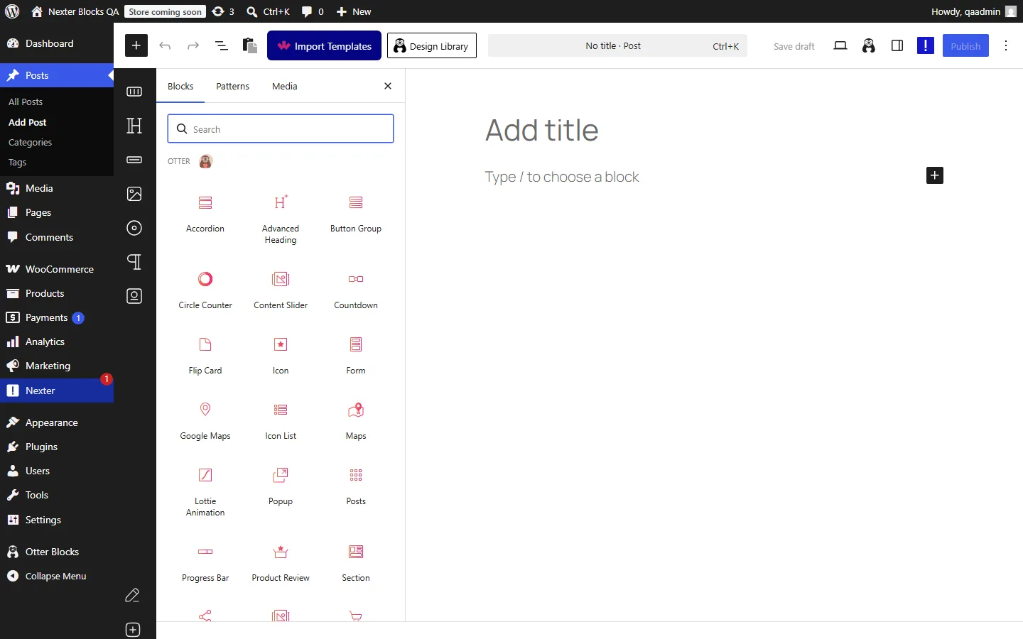 Otter category in the WordPress block inserter listing Accordion, Advanced Heading, Button Group and more