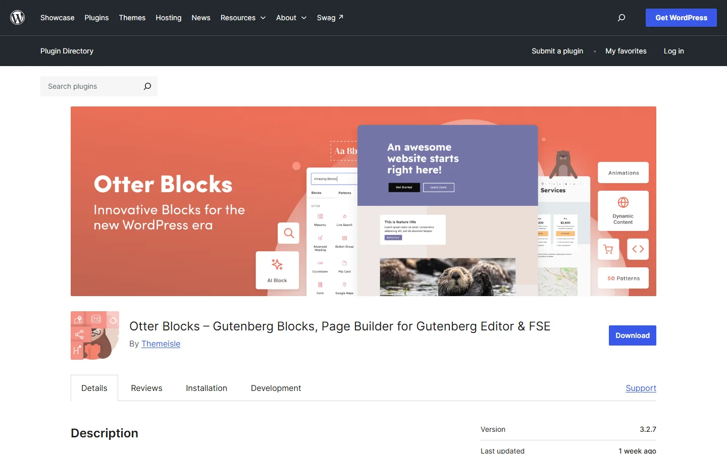 Otter Blocks plugin listing on WordPress.org with version 3.2.7 by Themeisle