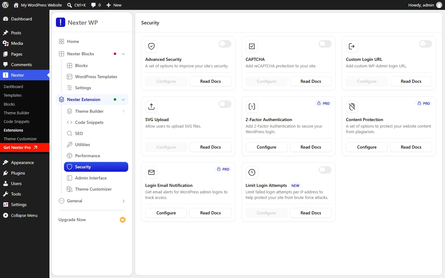 Nexter Extension Security screen with Limit Login Attempts, CAPTCHA and Login Email Notification