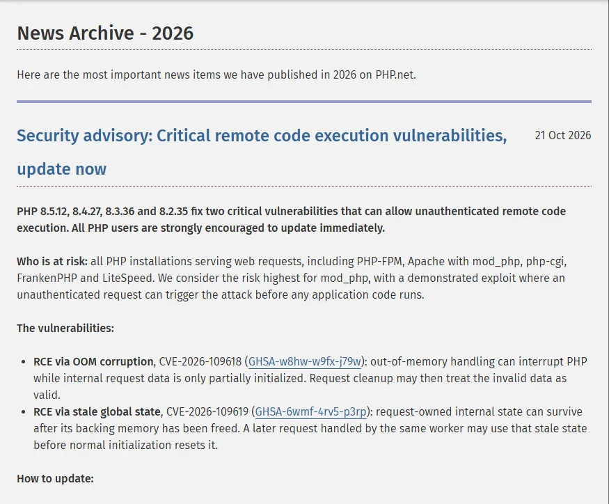PHP.net security advisory for the October 2026 critical PHP release