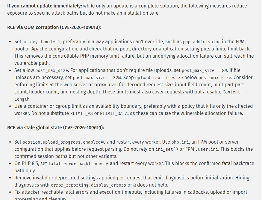 PHP advisory list of temporary mitigations for CVE-2026-109618 and CVE-2026-109619