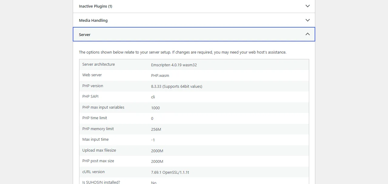 WordPress Site Health Info tab showing the PHP version row in the Server section