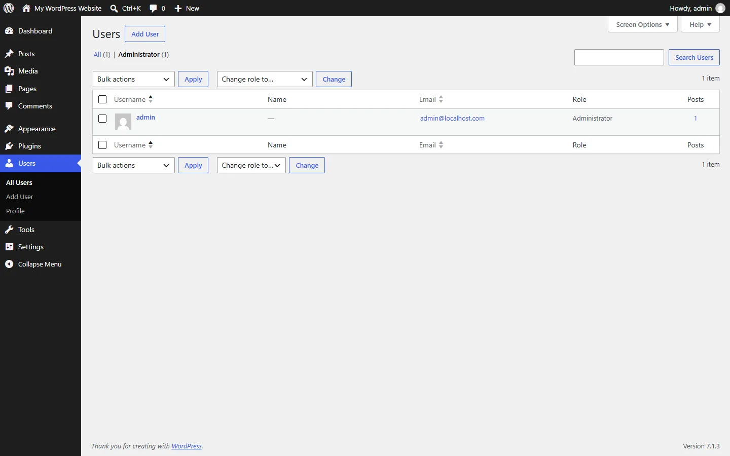 WordPress Users screen filtered to administrators for an access review