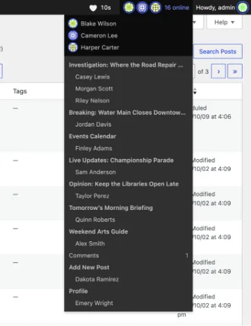 Presence API admin bar menu listing people online grouped by the post they are editing