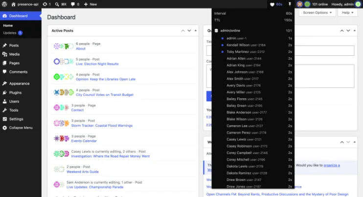 Presence API debugger opened from the admin bar showing a 60 second interval, 150 second TTL and 101 rows in the admin online room