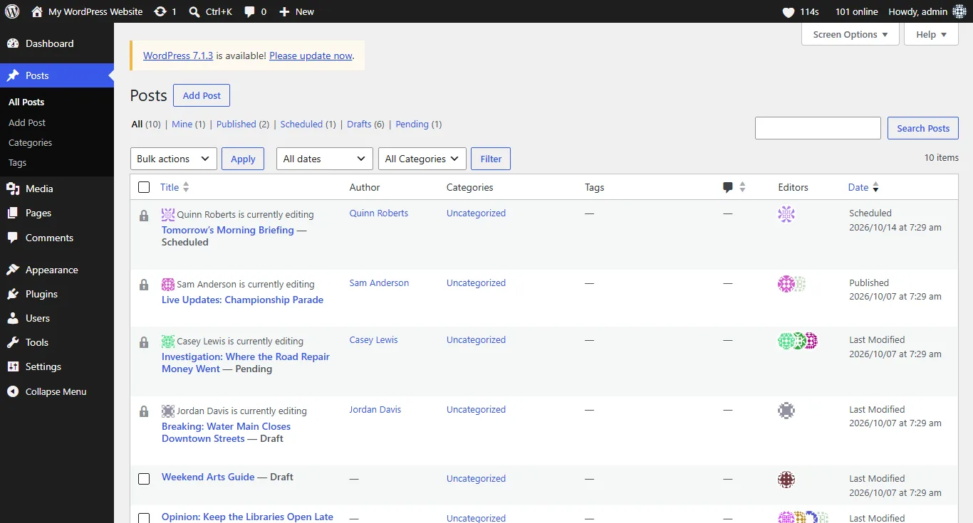 WordPress Playground demo of the Presence API plugin showing locked posts with editor avatars and 101 online in the admin bar
