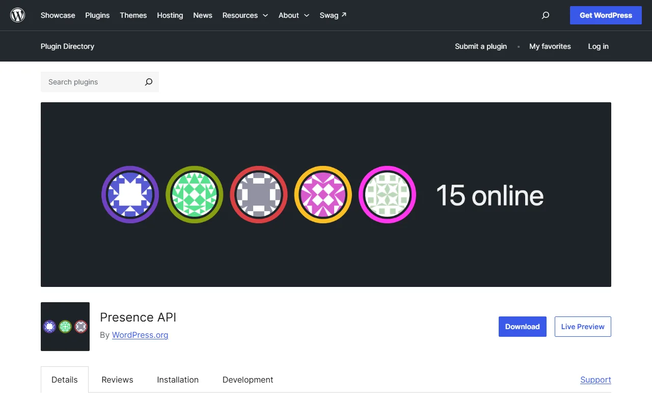 Presence API plugin page on the WordPress.org plugin directory showing the 15 online banner and Download button