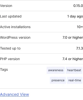 Presence API plugin directory metadata showing version 0.15.0, 10+ active installations and WordPress 7.0 or higher