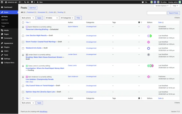 WordPress Posts screen with lock icons and an Editors column showing who is editing each post, from the Presence API update post