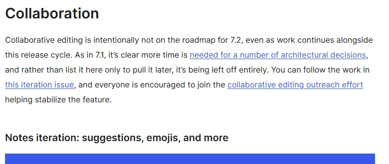 Collaboration section of the Roadmap to 7.2 stating collaborative editing is intentionally not on the roadmap