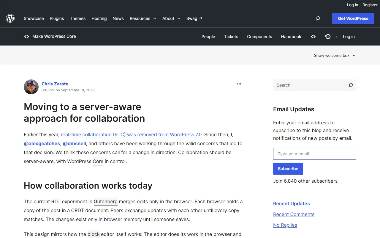 Make WordPress Core post titled Moving to a server-aware approach for collaboration