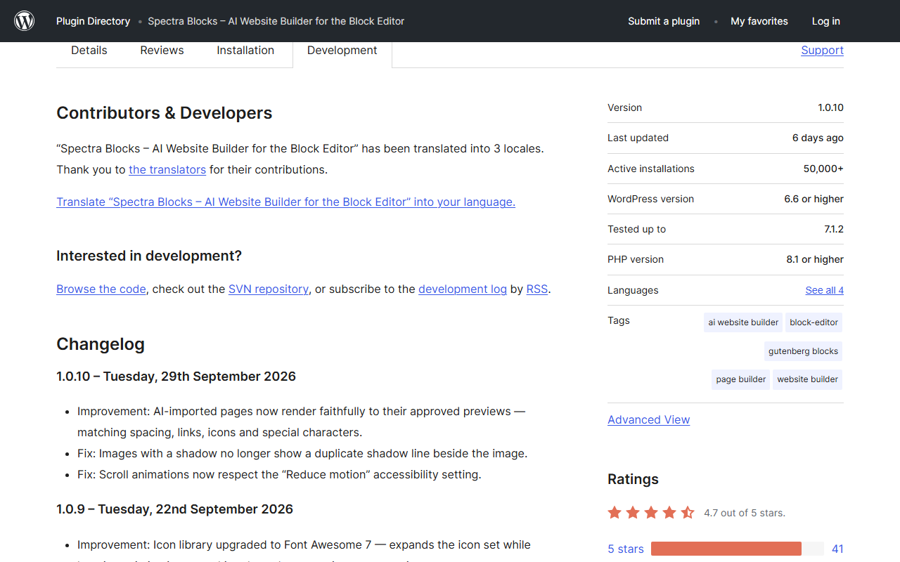 Spectra Blocks 1.0.10 changelog with 50,000+ active installations and PHP 8.1 requirement