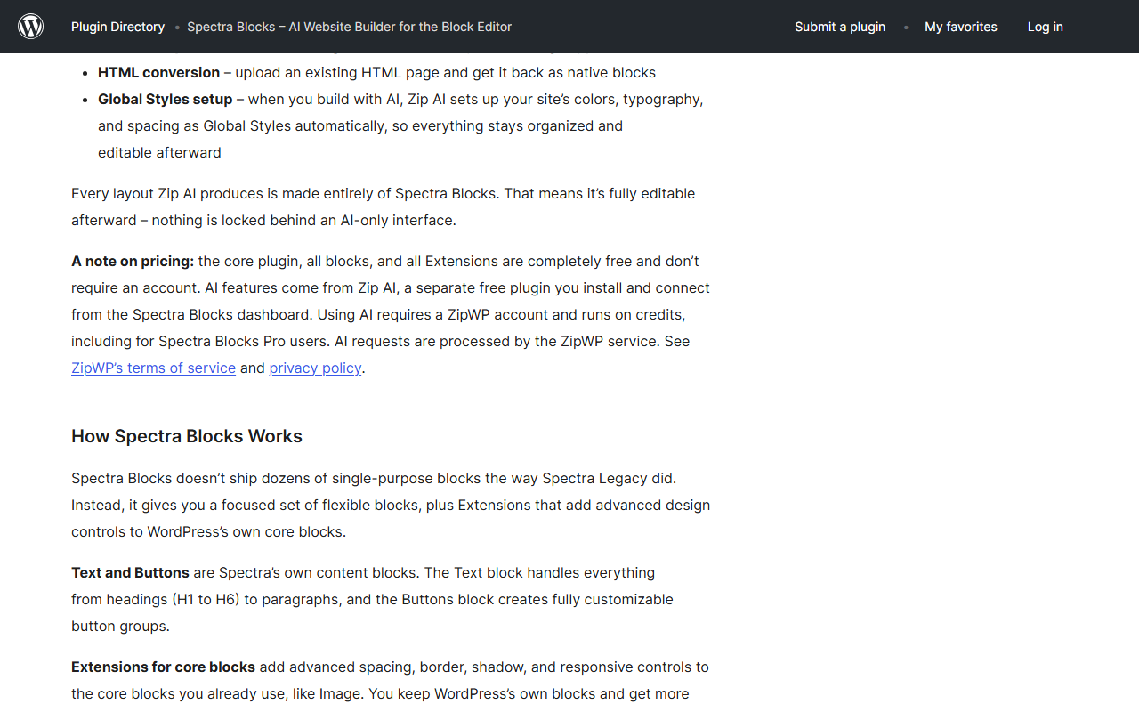 Spectra Blocks listing section explaining how the plugin works with Container Text and Buttons