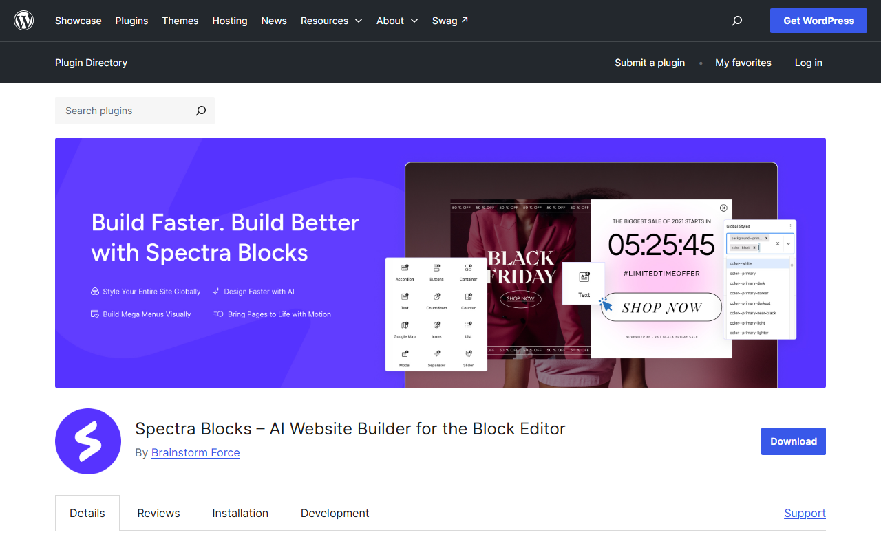 Spectra Blocks plugin listing on WordPress.org showing the Build Faster banner
