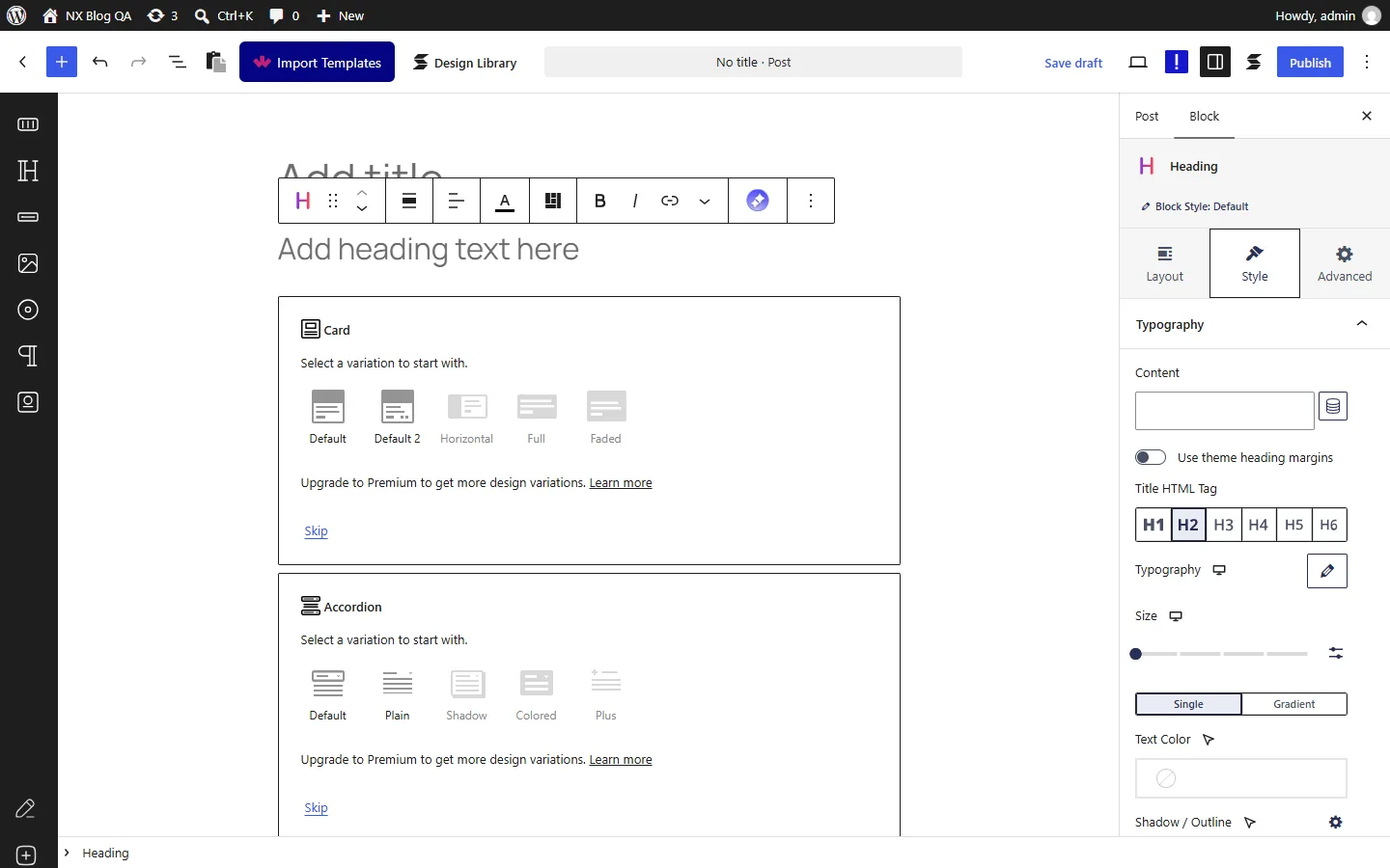 Block editor running React 19 with Stackable active, showing a Stackable heading block with Layout, Style and Advanced tabs in the sidebar