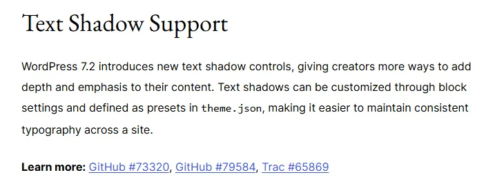 WordPress 7.2 Beta 1 release notes describing text shadow support