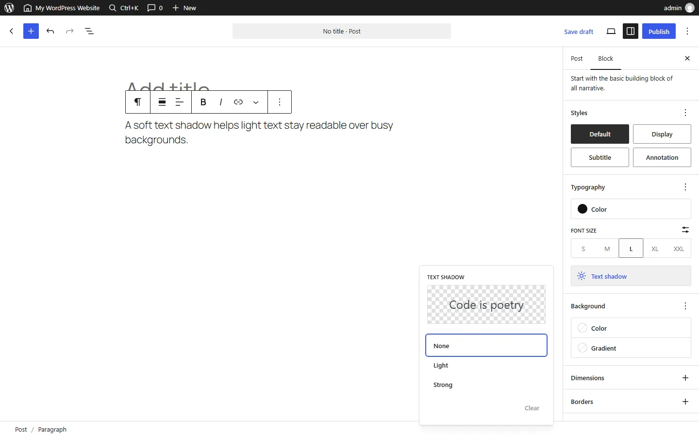 WordPress 7.2 beta text shadow picker showing the None, Light and Strong presets