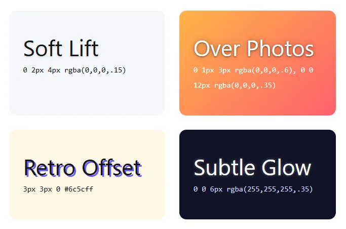 Four CSS text shadow styles applied to WordPress headings