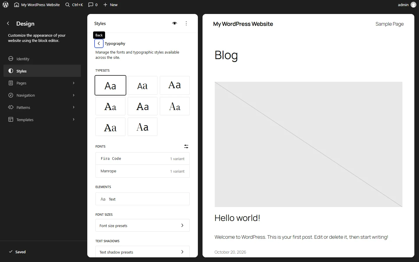 Text shadow presets entry under Typography in WordPress 7.2 Global Styles