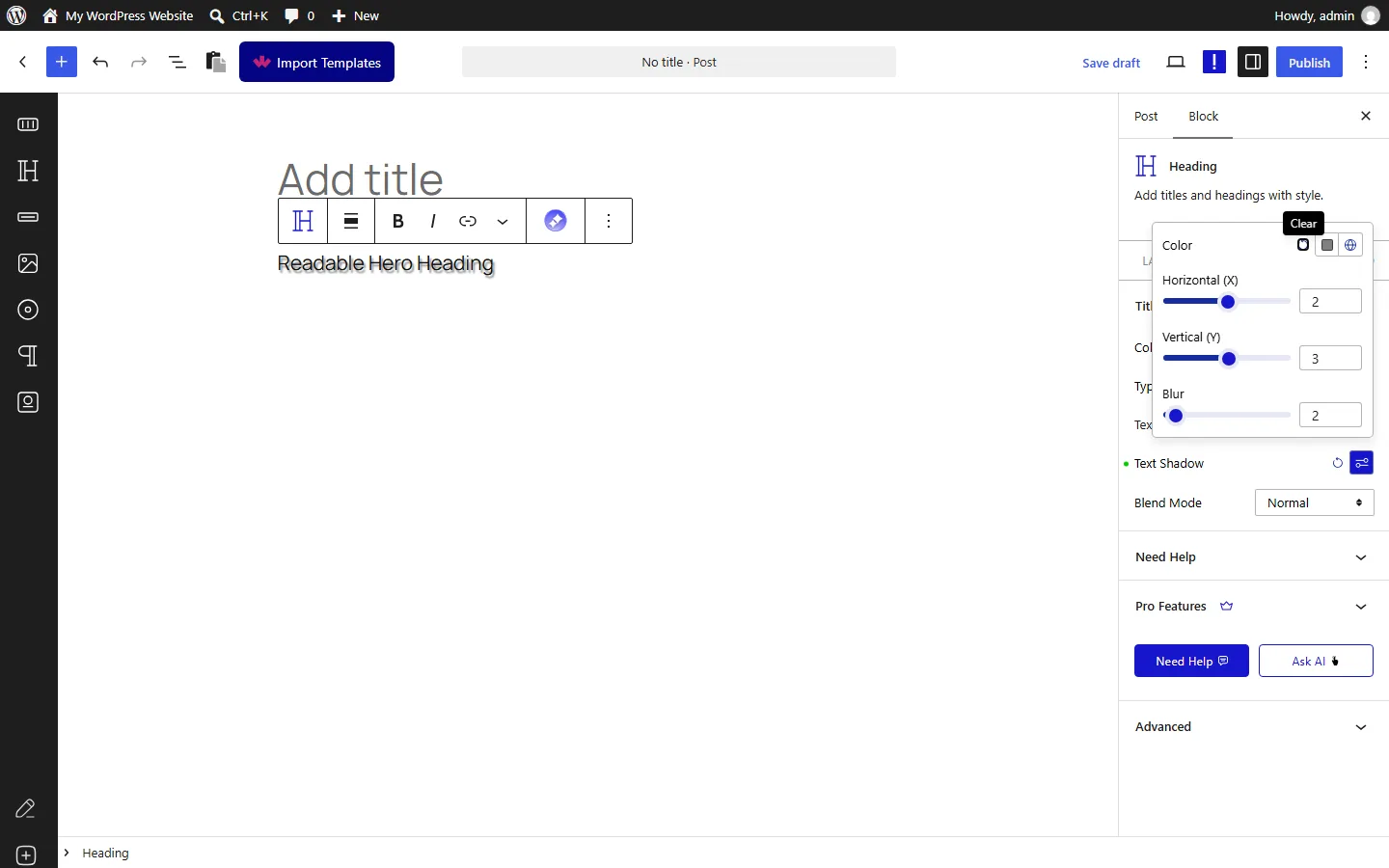 Text Shadow settings in the Nexter Blocks Heading block with horizontal, vertical and blur values