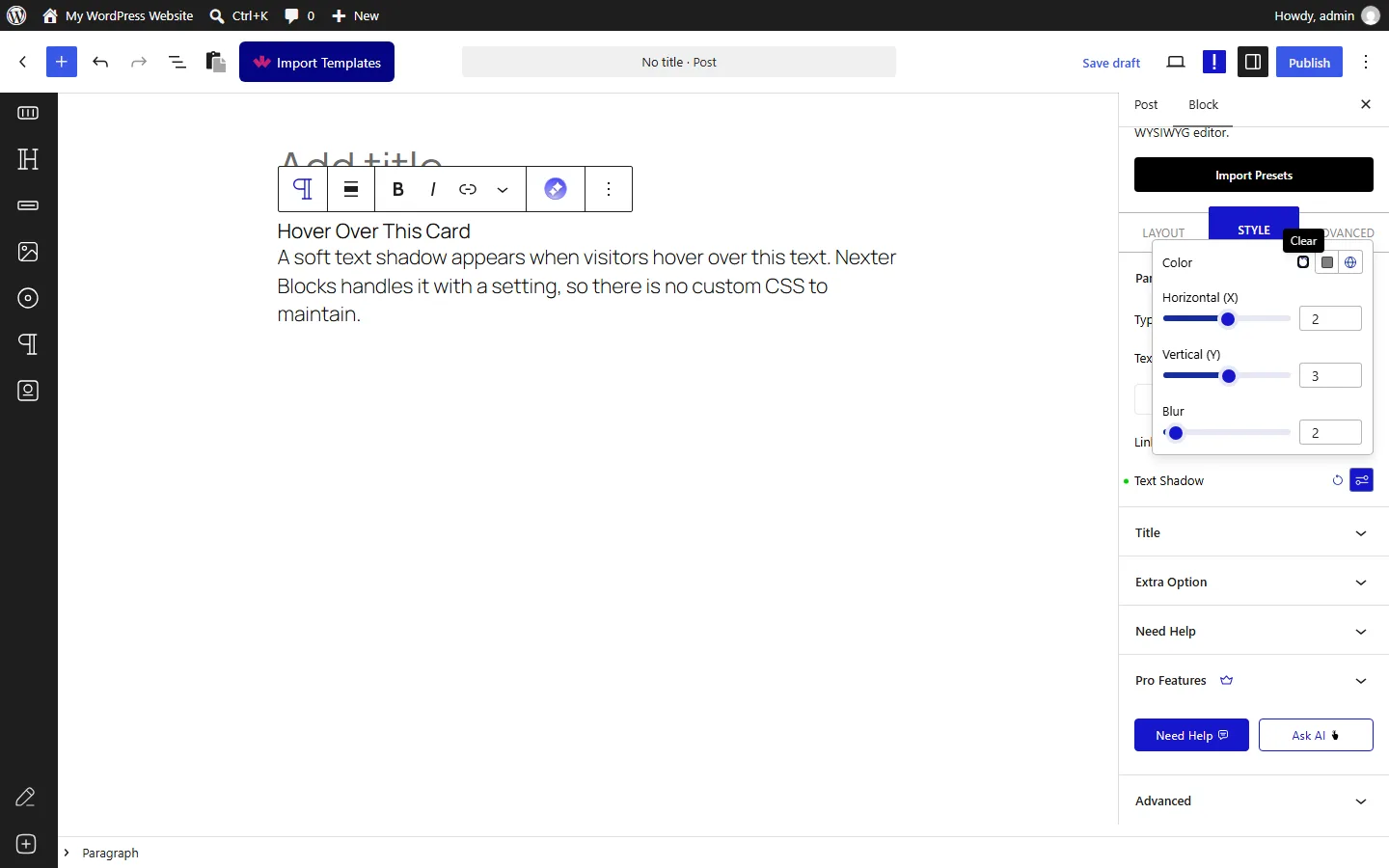 Nexter Blocks Paragraph block hover text shadow settings