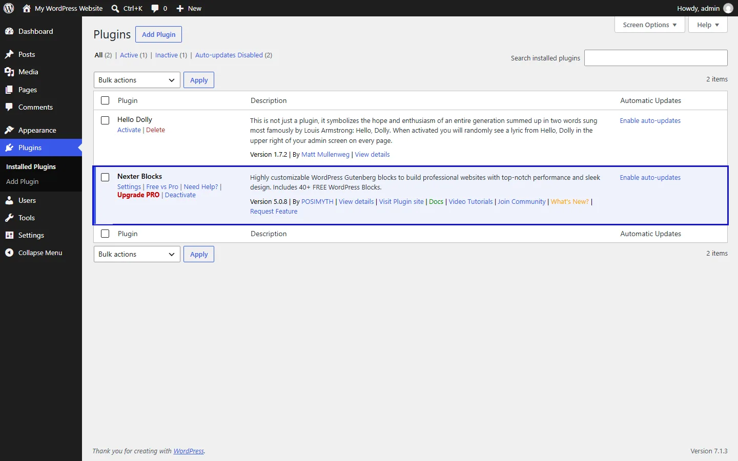 Nexter Blocks plugin active on the WordPress Plugins screen
