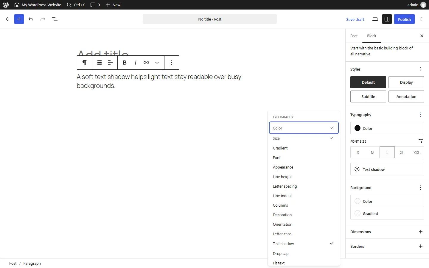 Typography options menu in the WordPress 7.2 beta with Text shadow switched on