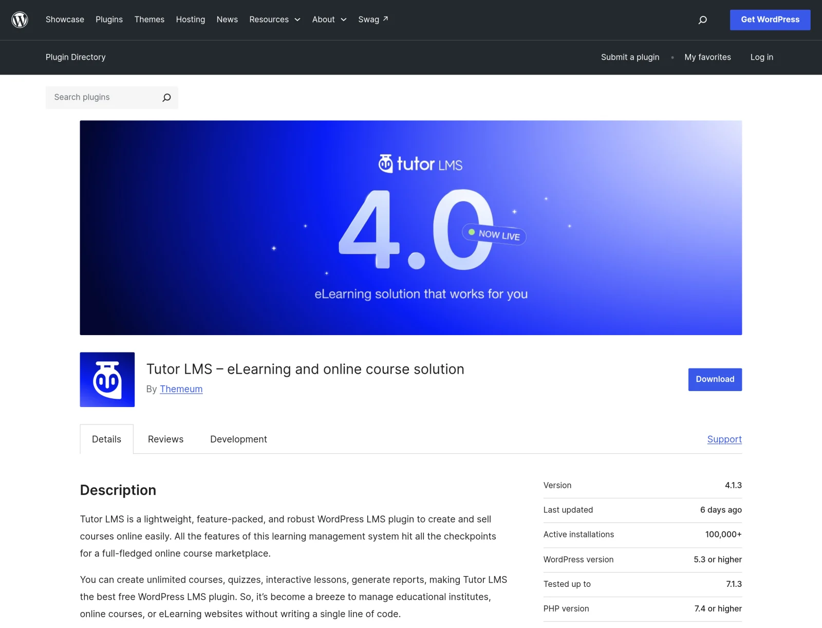 Tutor LMS plugin page on WordPress.org showing version 4.1.3
