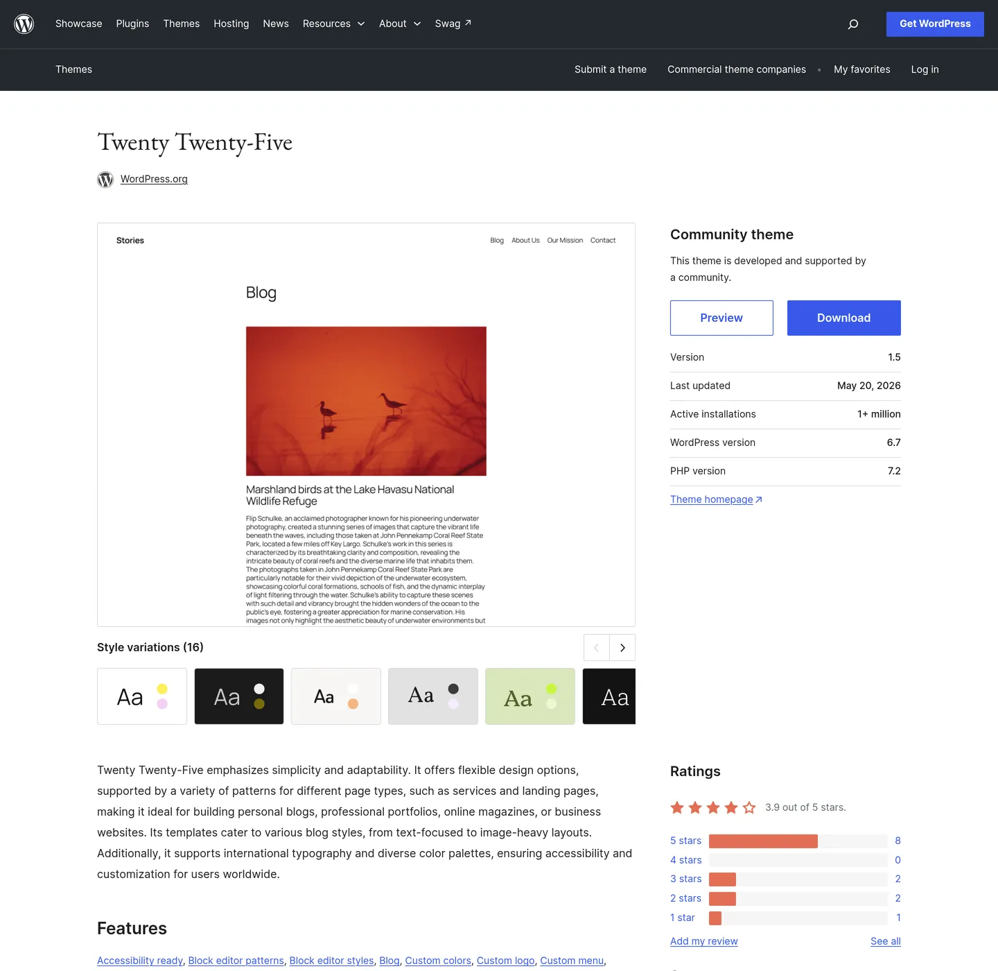 Twenty Twenty-Five theme page on WordPress.org with 16 style variations