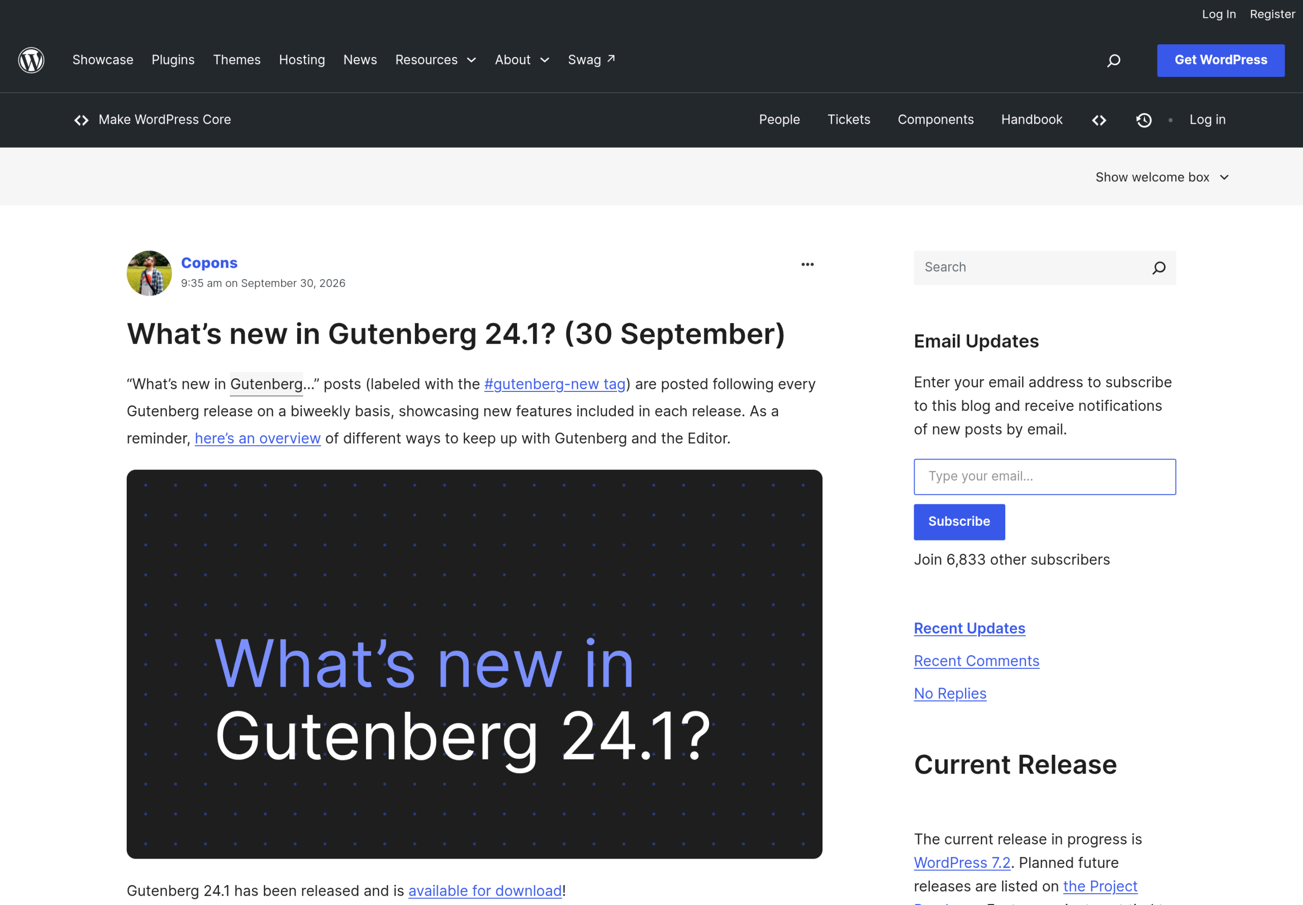 Make WordPress Core post What is new in Gutenberg 24.1 dated 30 September 2026