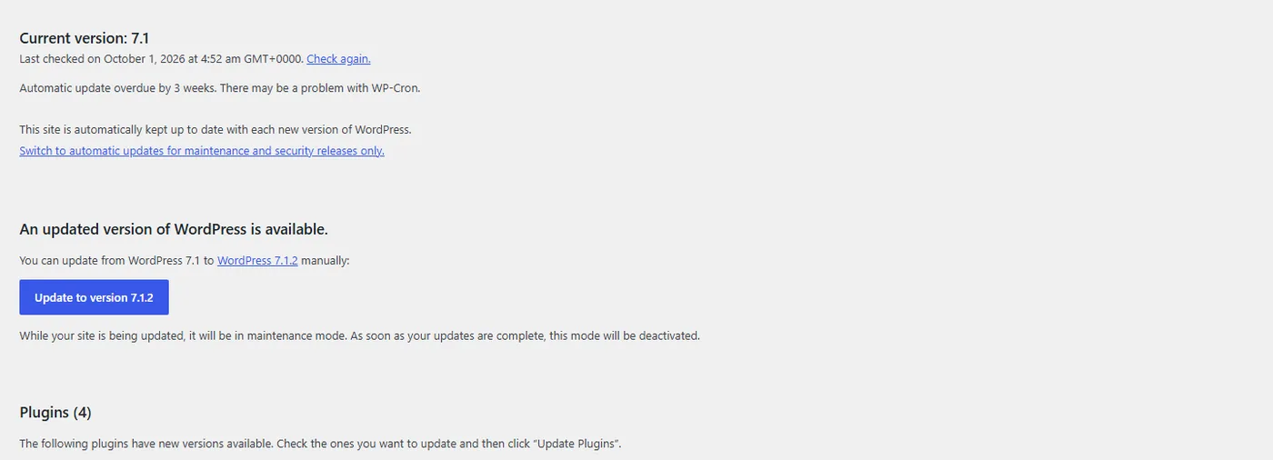 WordPress Updates screen showing an update from WordPress 7.1 to 7.1.2 and a note that automatic update is overdue