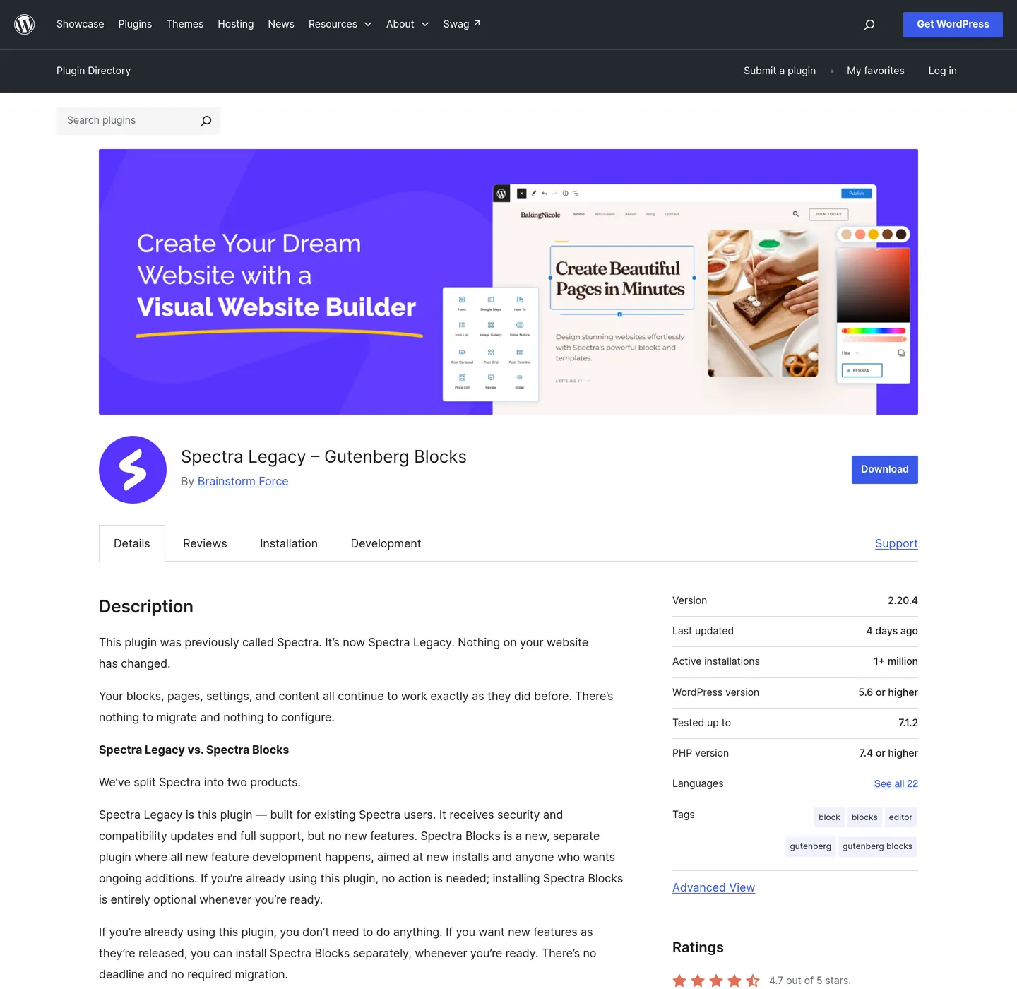 WordPress.org plugin page showing version, last updated date and active installations
