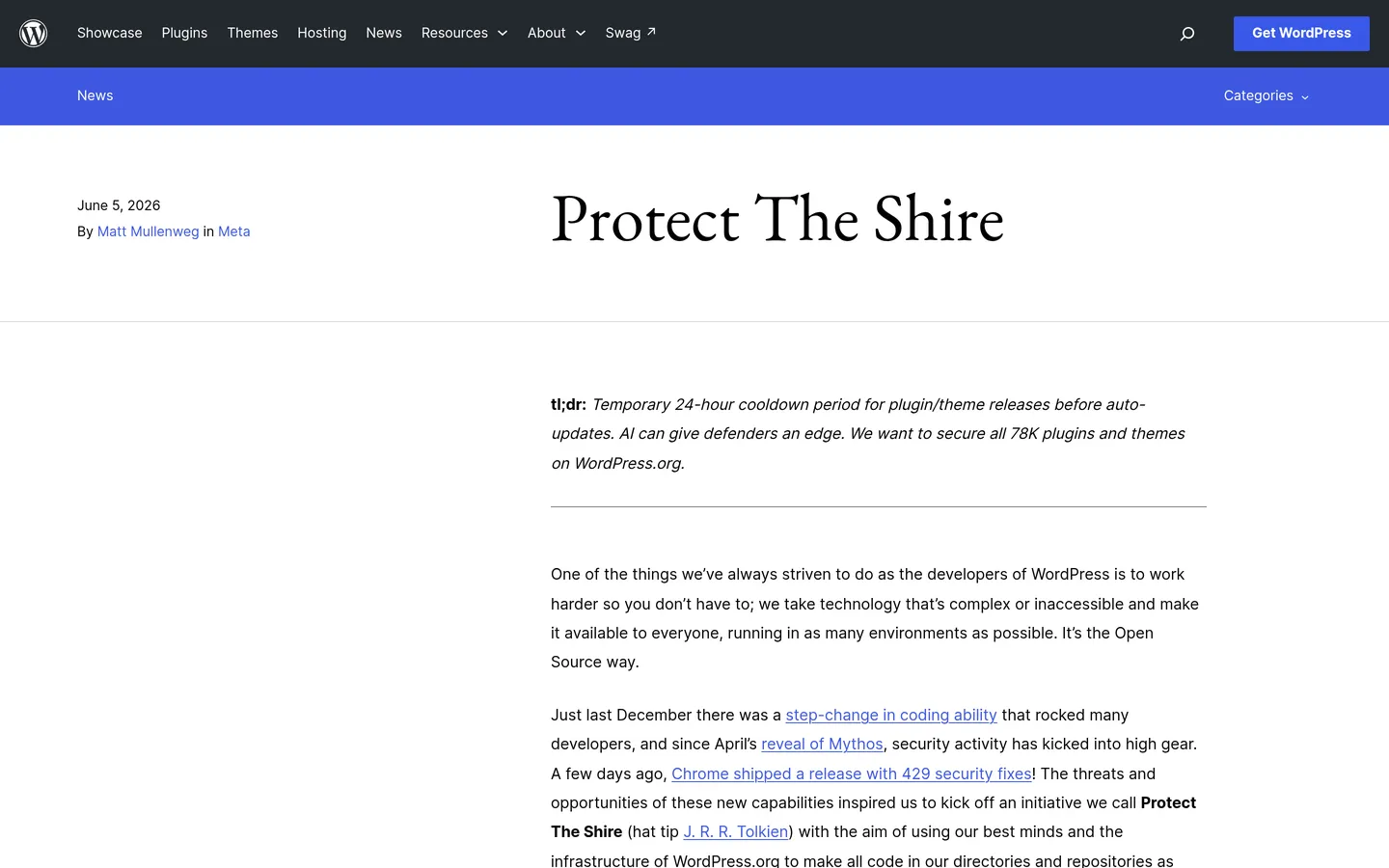 WordPress.org news post To Update Or Not about the plugin release cooldown