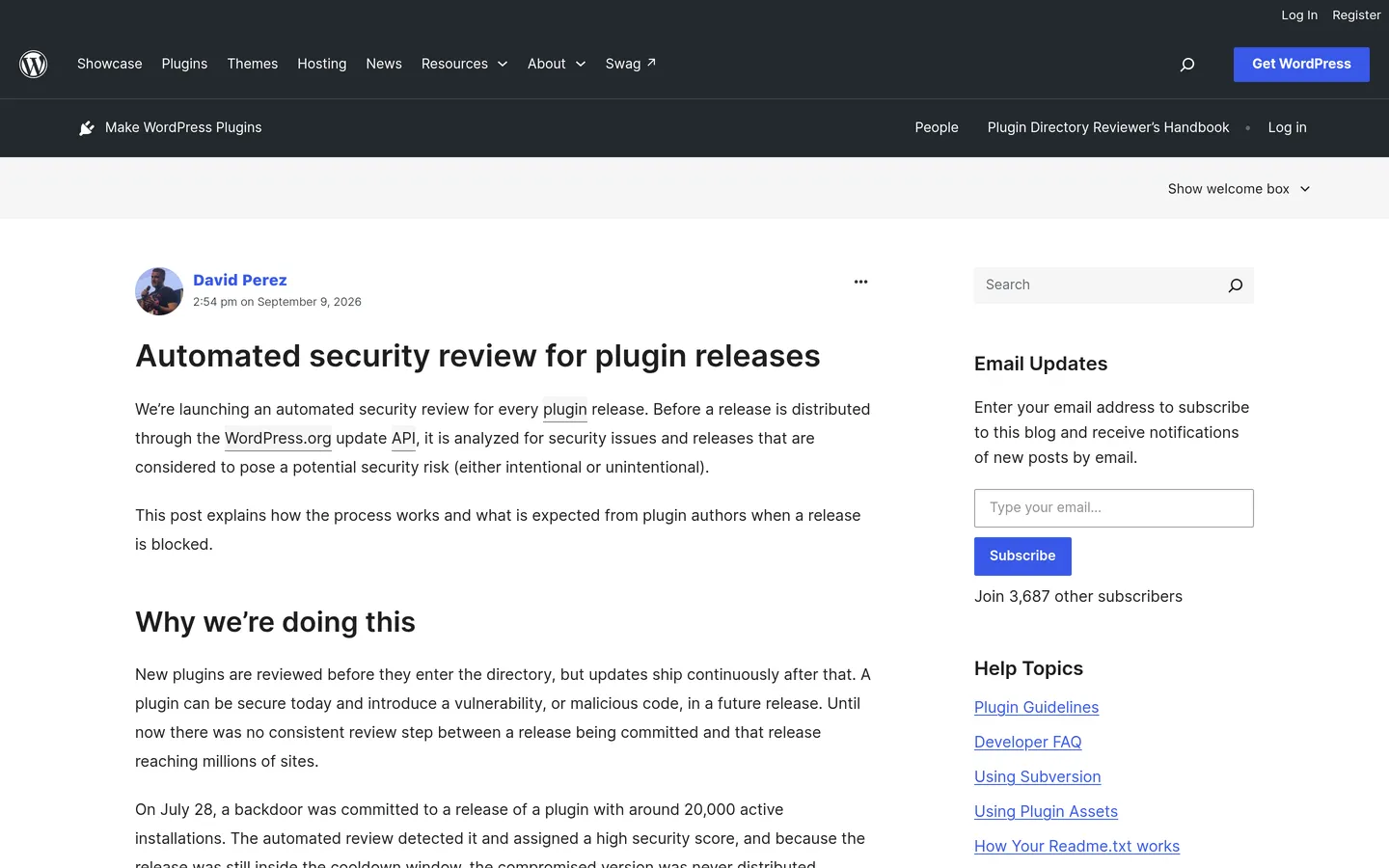 WordPress.org Plugins Team post announcing the automated security review for plugin releases
