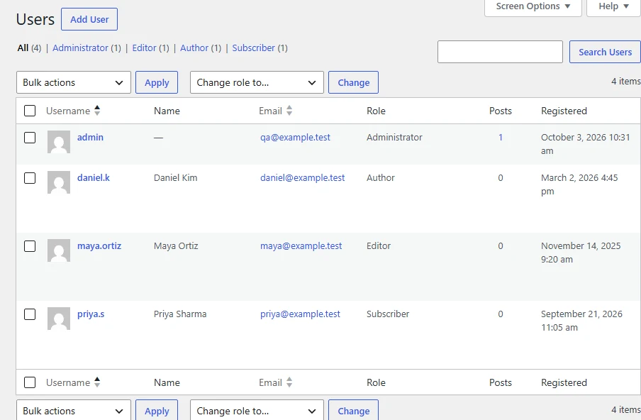 WordPress Users list showing the Registered column with sign-up dates